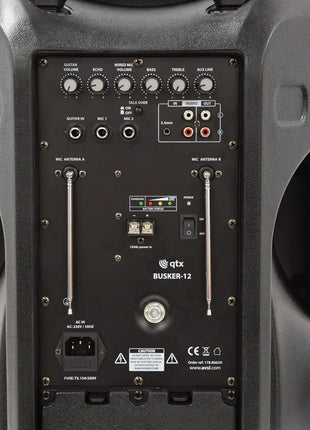 QTX Busker-12 PA + 2 x VHF mics + USB/SD/FM/BT QTX
