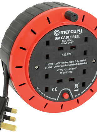 Mercury 4-Gang Extension Reel with Thermal Cut-Out 5m Mercury