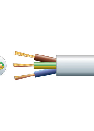 Mercury 3 core round mains PVC, 3 x 48/0.2mm, 15A, 8.7mmØ, White, 100m Mercury
