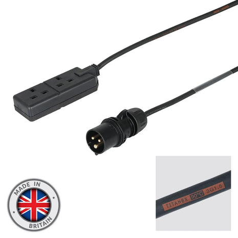 Elumen8 1m 1.5mm  PCE Black 16A Plug to 2 Gang 13A Socket Cable