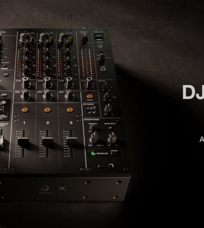 AlphaTheta DJ DJM-V5 DJ mixer with on a dark background banner