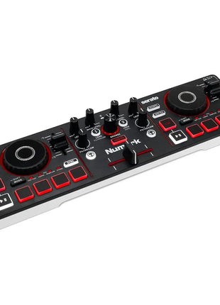 DJ controller with red and black buttons on a white background