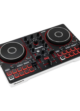 DJ controller with two circular knobs and a keyboard on a white background


