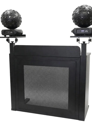 Equinox Event Booth (Black) with two disco balls on top against a white background