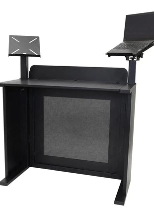 Equinox Event Booth (Black) adjustable standing desk with laptop and monitor stands on a white background
