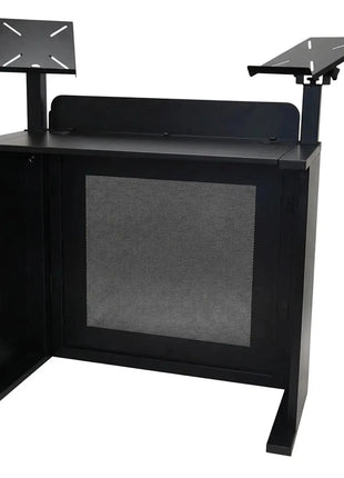 Equinox Event Booth (Black) desk with adjustable height and screen support on a white background