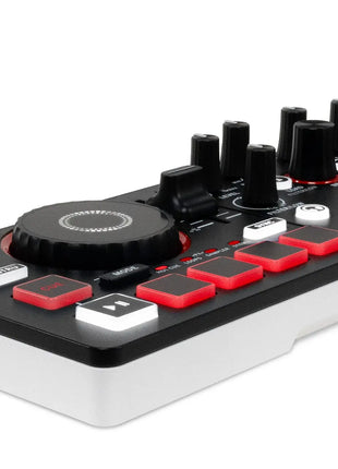 DJ controller with knobs and buttons on a white background