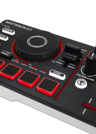 DJ controller with red and black buttons on a white background