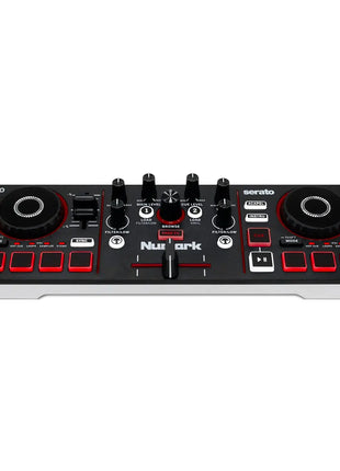 DJ controller with red and black buttons on a white background