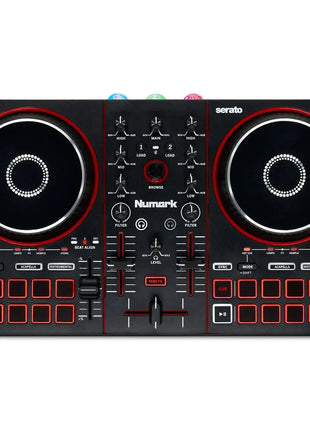 DJ controller with two large jog wheels on a white background