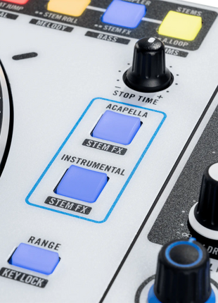 RANE ONE MK2 Close-up of a DJ mixer with control buttons and knobs