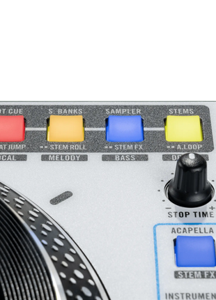 RANE ONE MK2 Close-up of a music production controller with buttons and knobs on a grey background