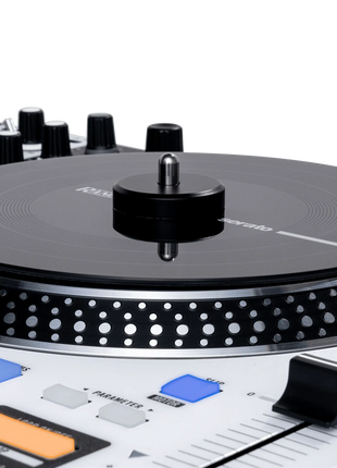 RANE ONE MK2 Close-up of a DJ turntable controller with colourful buttons on a green background