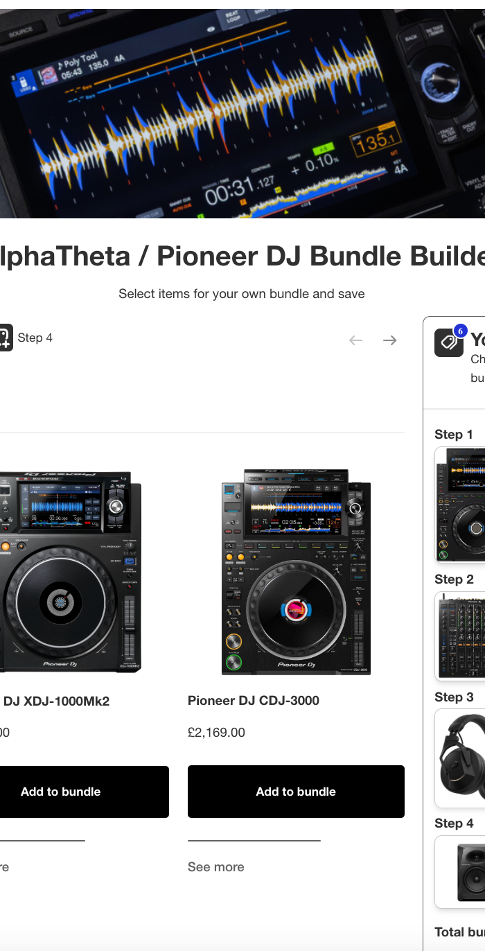 AlphaTheta/Pioneer DJ bundle builder interface with equipment images and options.