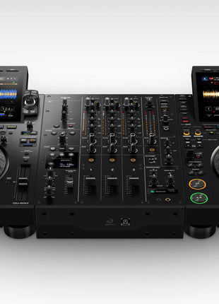 AlphaTheta DJM-V5 Setup with CDJ-3000X Players on white background