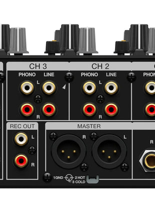 AlphaTheta DJM-V5 Mixer rear image showing connections, RCA, XLR, Link and USB C Connections on white background