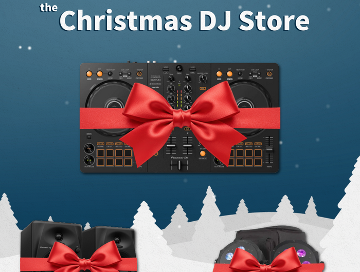DJ equipment with red bows against a snowy landscape background, labeled 'Christmas DJ Store'.