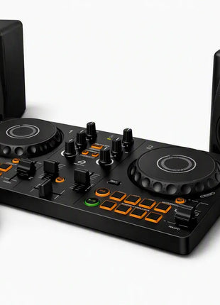 DJ starter bundle featuring a black DJ mixer with orange LED pads, two matching black Pioneer DJ studio speakers, and a pair of black over-ear headphones on a clean white background.