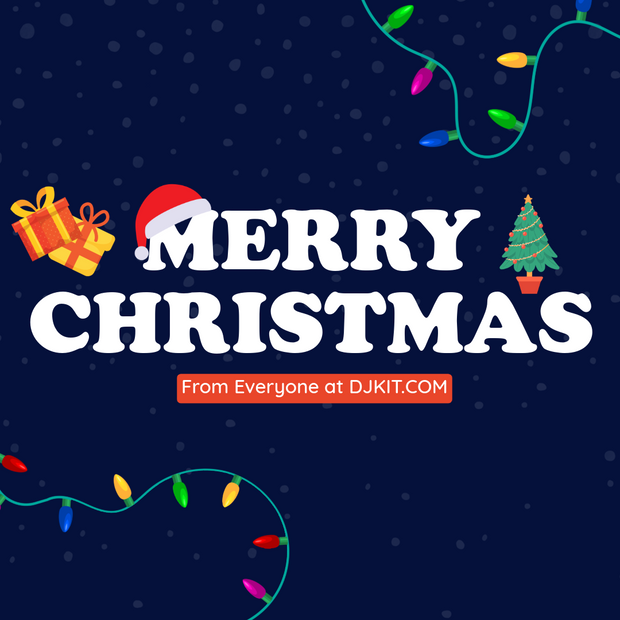 DJKIT Merry Christmas text with festive elements on a dark blue background