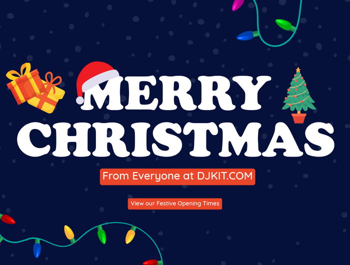 DJKIT Merry Christmas text with festive elements on a dark blue background