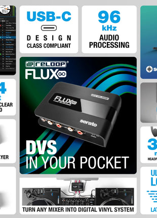 Reloop Flux Go promotional Image of a DJ device with features highlighted on a blue background