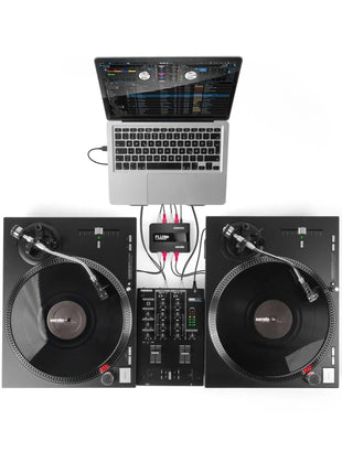 Reloop Flux Go DJ setup with laptop, turntables, and mixer on a white background