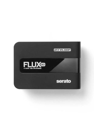 Reloop Flux Go Interface with 'FLUX GO' and 'Serato DJ' branding on a white background