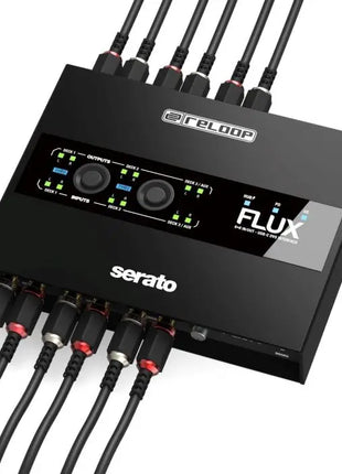 Reloop Flux Black audio interface with cables attached on a white background