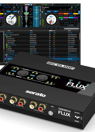 Reloop Flux DJ device with Serato software interface on a computer screen