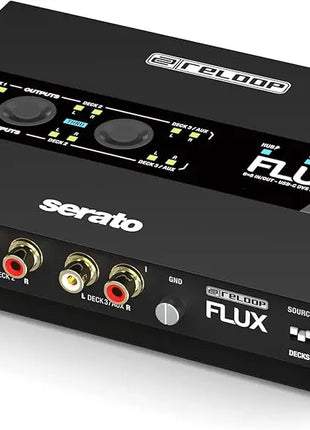 Reloop Flux Black audio interface with 'Reloop' and 'Serato' branding on a white background