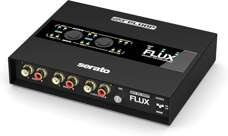 Reloop Flux Black audio interface with 'Reloop' and 'Serato' branding on a white background