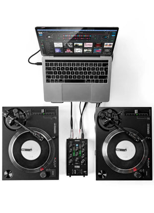 Reloop PTB 2 Portable DVS Mixer Image Setup with RP Turntables and Laptop
