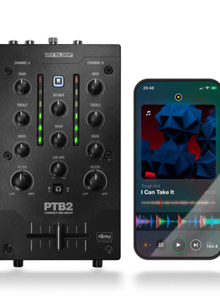 Reloop PTB 2 Portable DVS Mixer Image with DJay App on phone