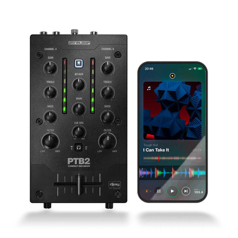 Reloop PTB 2 Portable DVS Mixer Image with DJay App on phone