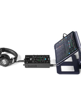 Reloop PTB 2 Portable DVS Mixer Image with Tablet and Headphones on stand