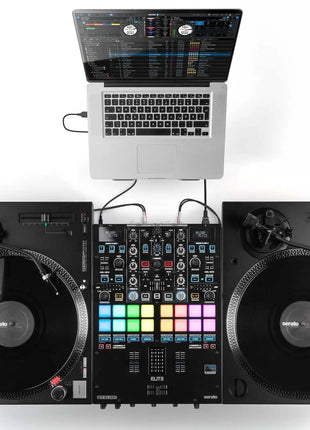 Reloop RP-5000 Mk4 Direct Drive Turntable DJ Setup with Elite Mixer and Laptop on white background