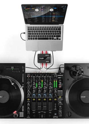 Reloop RP-5000 Mk4Turntable DJ Setup with FLUX GO and RMX Mixer with Laptop Image on white background