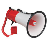 Heavy duty megaphone with siren and hand-held microphone, 20W max.