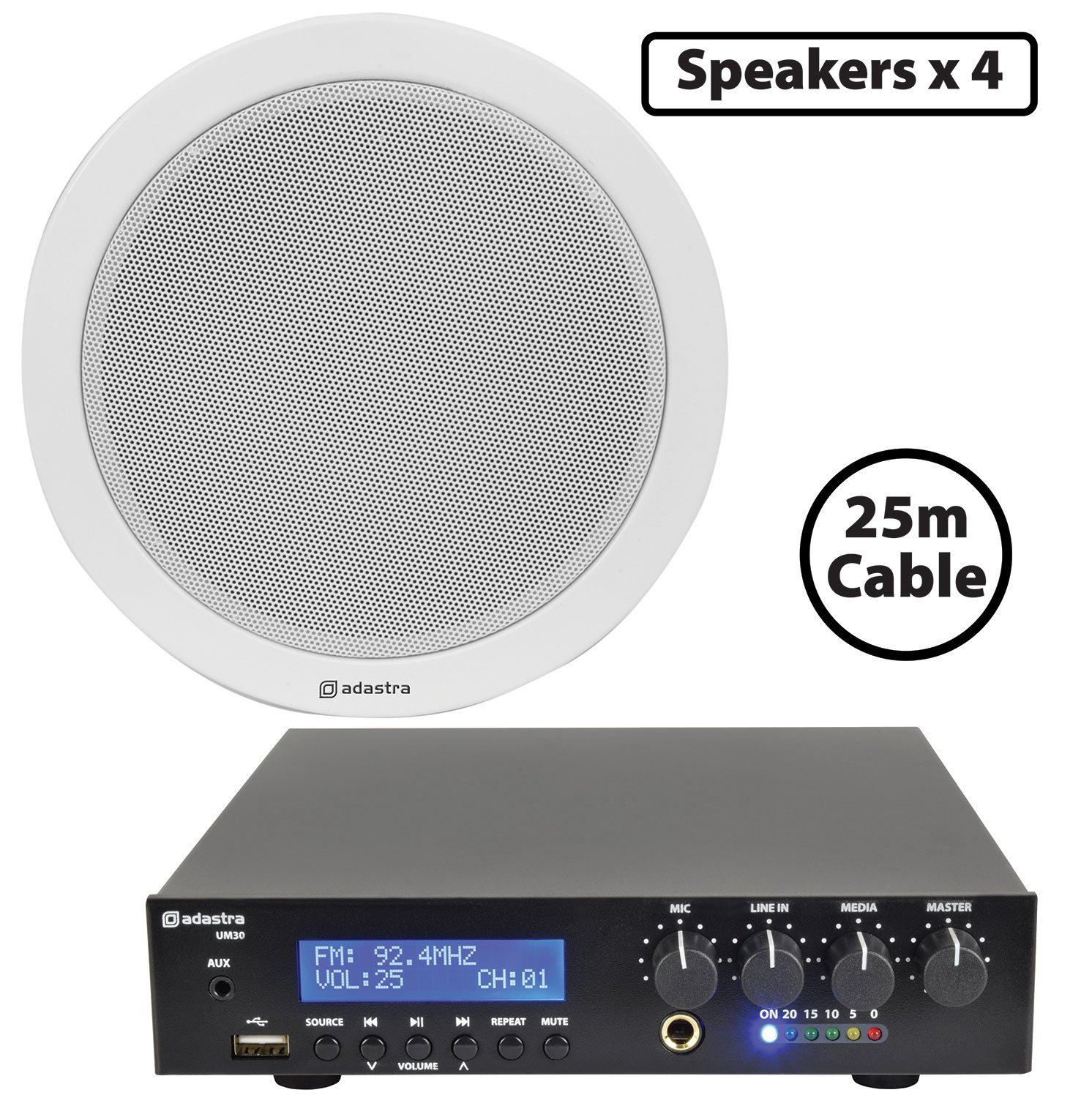 Compact 100V Ceiling Speaker Packages with Bluetooth & USB 4 x 6W Ceiling Speaker PA with 30W BT/USB Mixer-amp