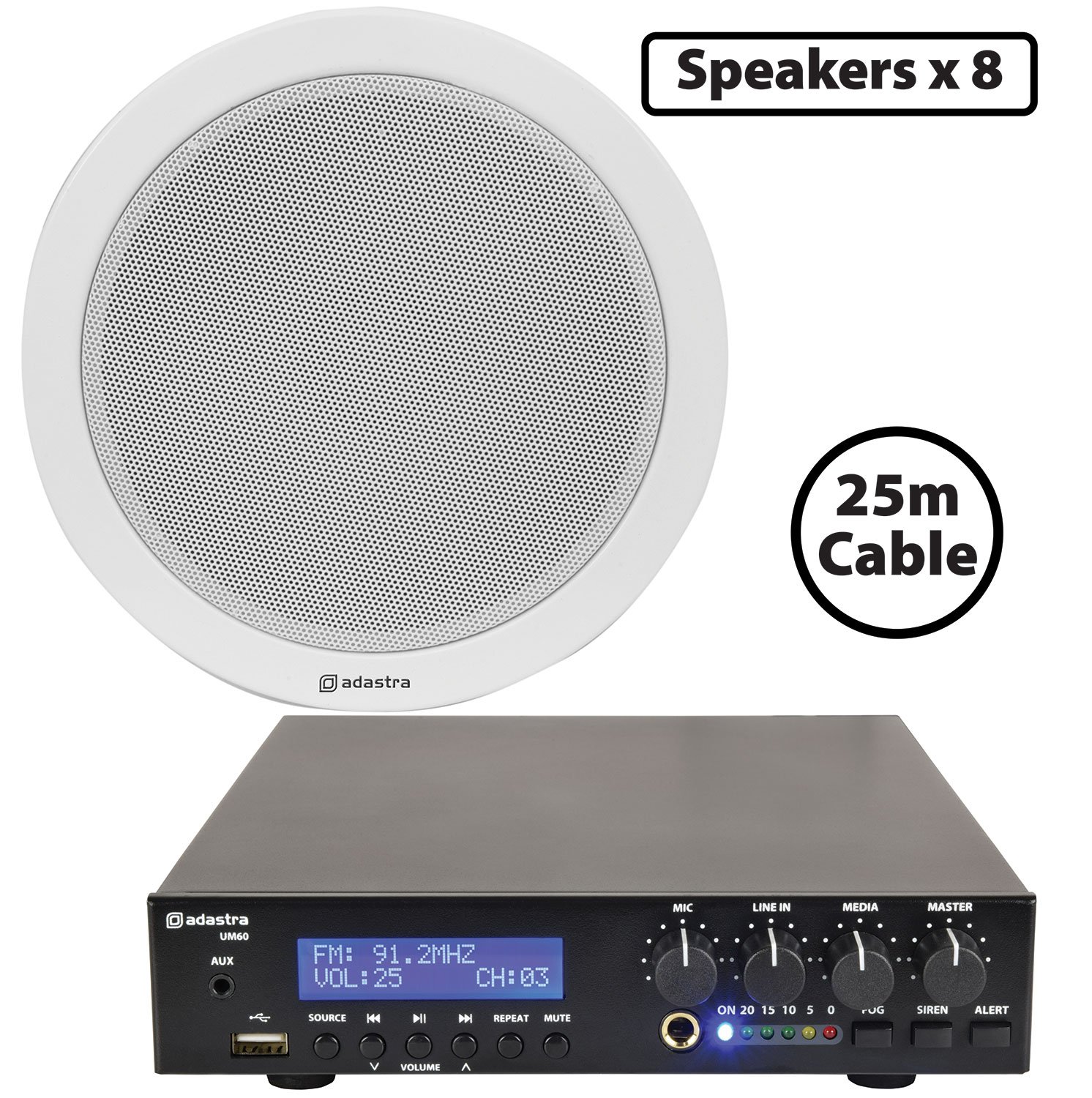 Compact 100V Ceiling Speaker Packages with Bluetooth & USB 8 x 6W Ceiling Speaker PA with 60W BT/USB Mixer-amp