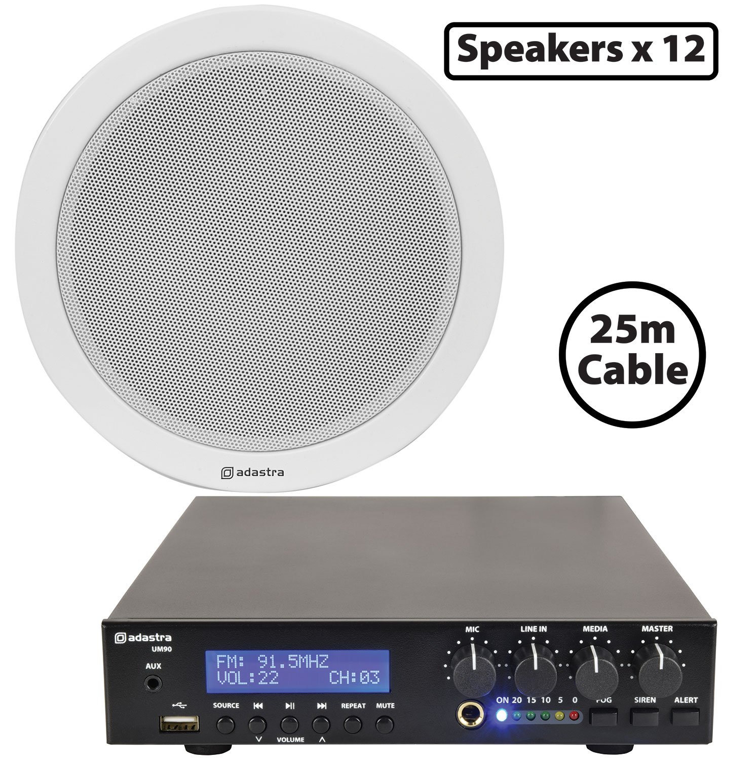 Compact 100V Ceiling Speaker Packages with Bluetooth & USB 12 x 6W Ceiling Speaker PA with 90W BT/USB Mixer-amp
