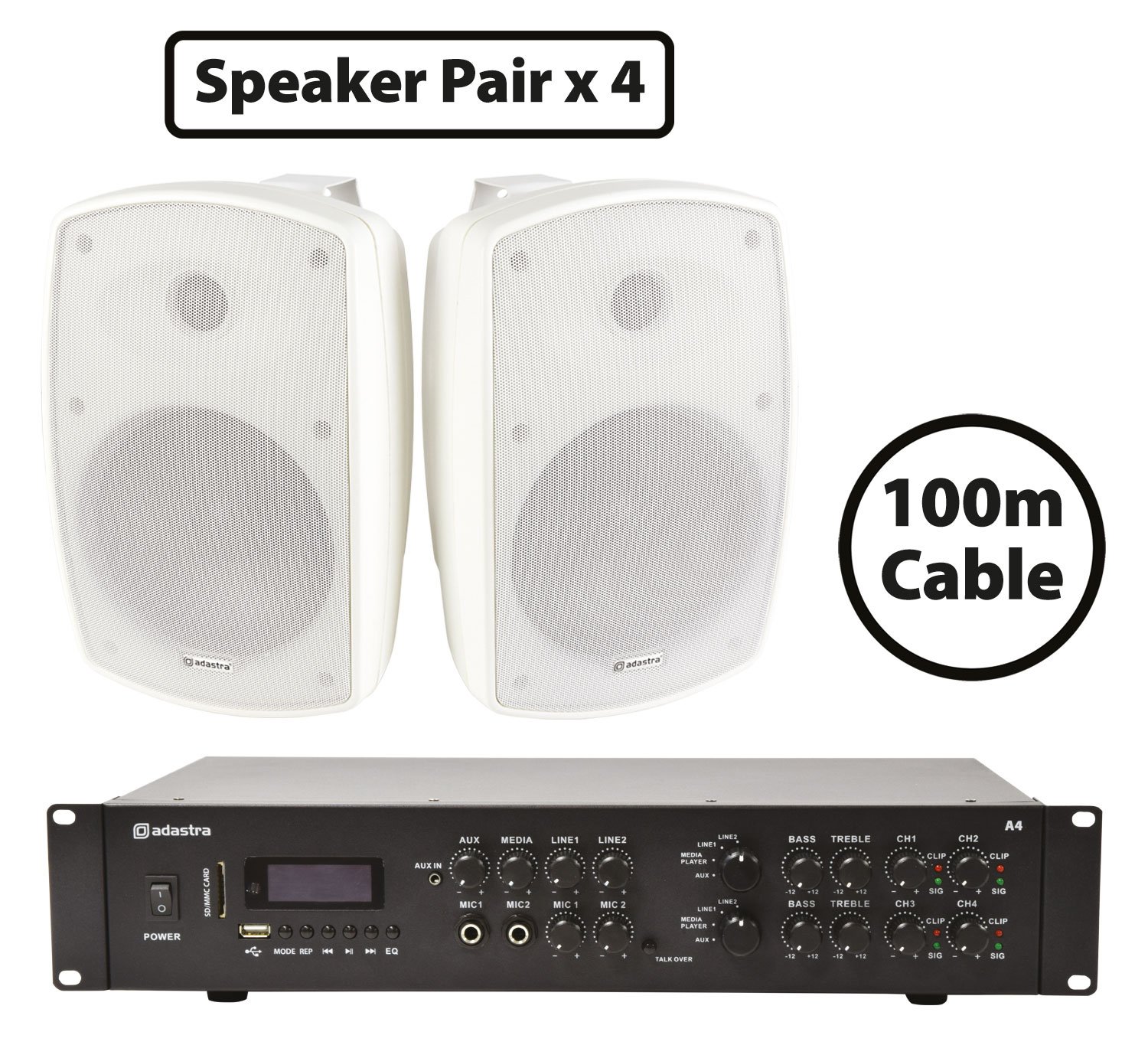 High Quality BH6 Background Music Speaker Packages 8 x BH6-W Speakers + A4 Dual Stereo Amp Package - 2 Zone