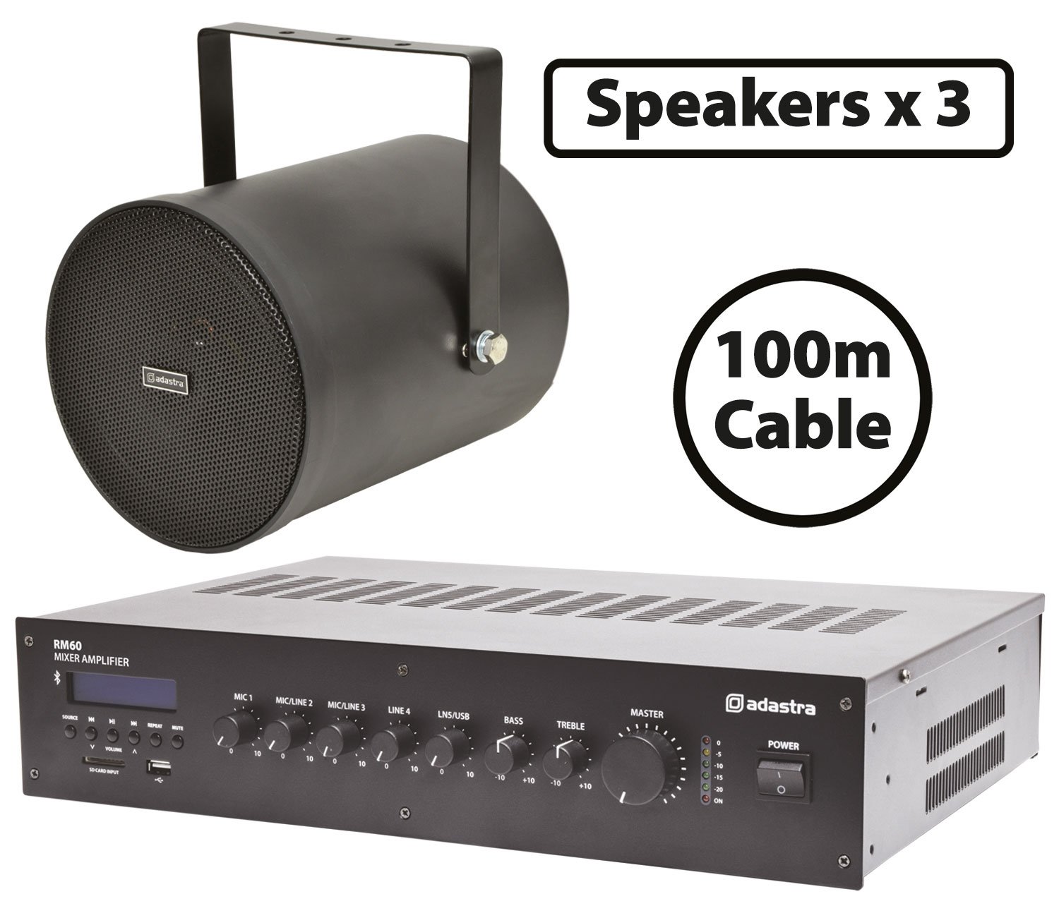 Weatherproof 100V Sound Projector Packages 3 x Black Sound Projectors with 60W Mixer-Amp