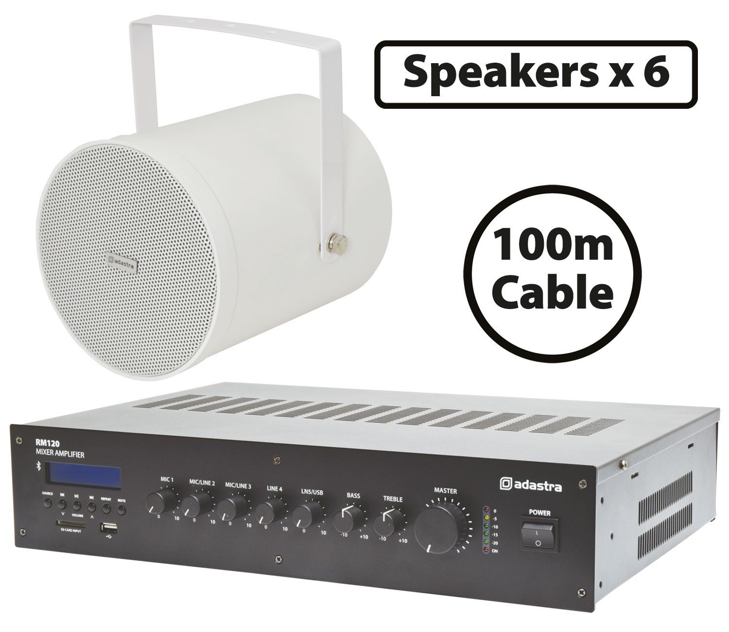 Weatherproof 100V Sound Projector Packages 6 x White Sound Projectors with 120W Mixer-Amp