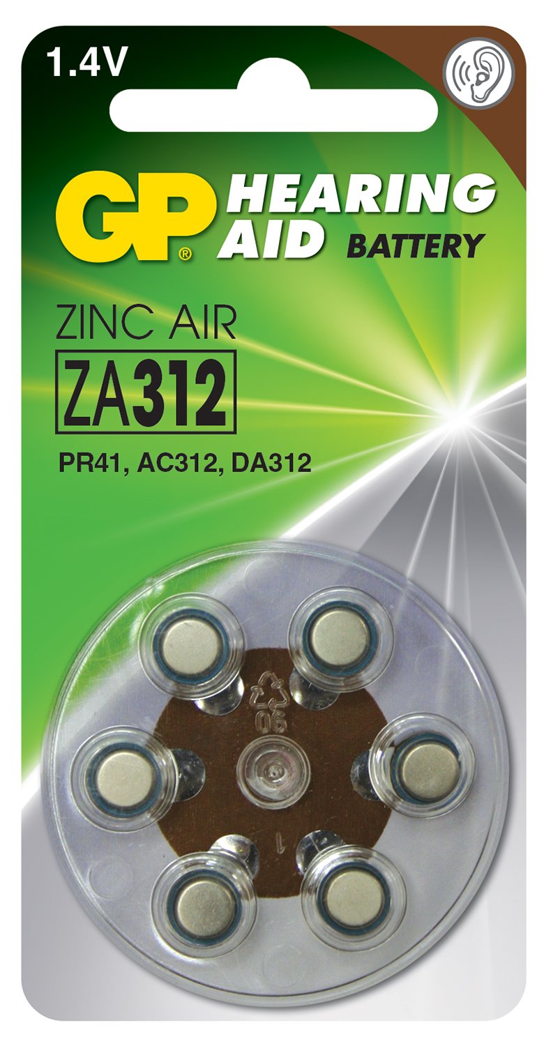 GP Zinc Air Hearing Aid Batteries PR41 (ZA312) Brown 1.4V 125mAh 3.6x7.9mmÃ˜ 6 Pack