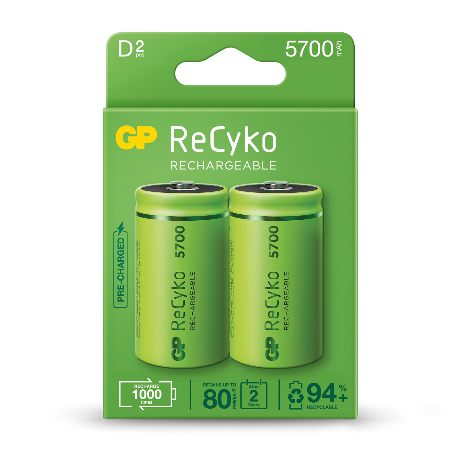 GP Recyko+ NiMH Rechargeable Batteries GP ReCyko+ 5700 D (Card of 2)