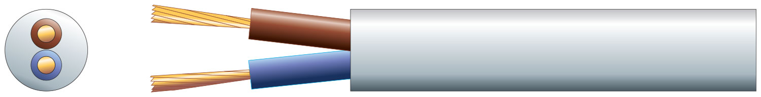 3182Y 2 Core Round PVC, 300/500V, HO5VV-F2, 15A 2 core round mains PVC, 2 x 48/0.2mm, 15A, 7.4mmÃ˜, White, 100m