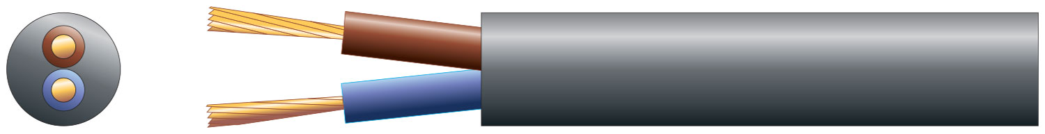 3182Y 2 Core Round PVC, 300/500V, HO5VV-F2, 15A 2 core round mains PVC, 2 x 48/0.2mm, 15A, 7.4mmÃ˜, Black, 100m