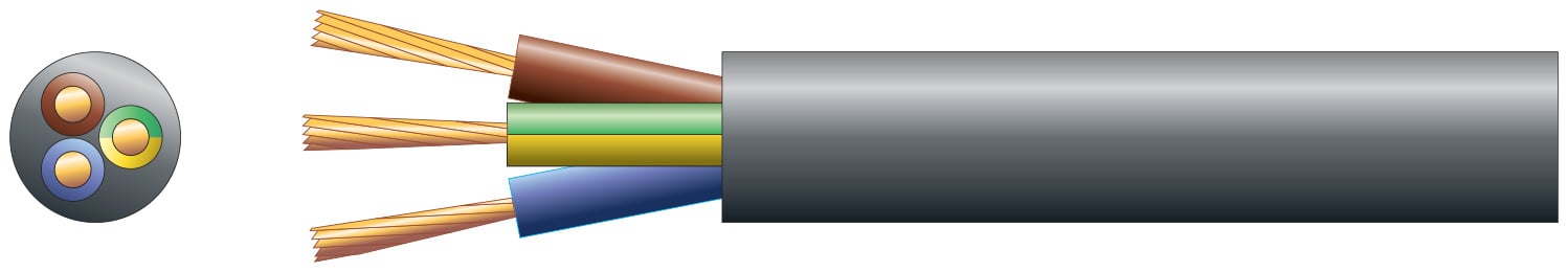 3183Y 3 Core Round PVC, 300/500V, HO5VV-F3, 10A 3 core round mains PVC, 3 x 32/0.2mm, 10A, 7.2mmÃ˜, Black, 100m